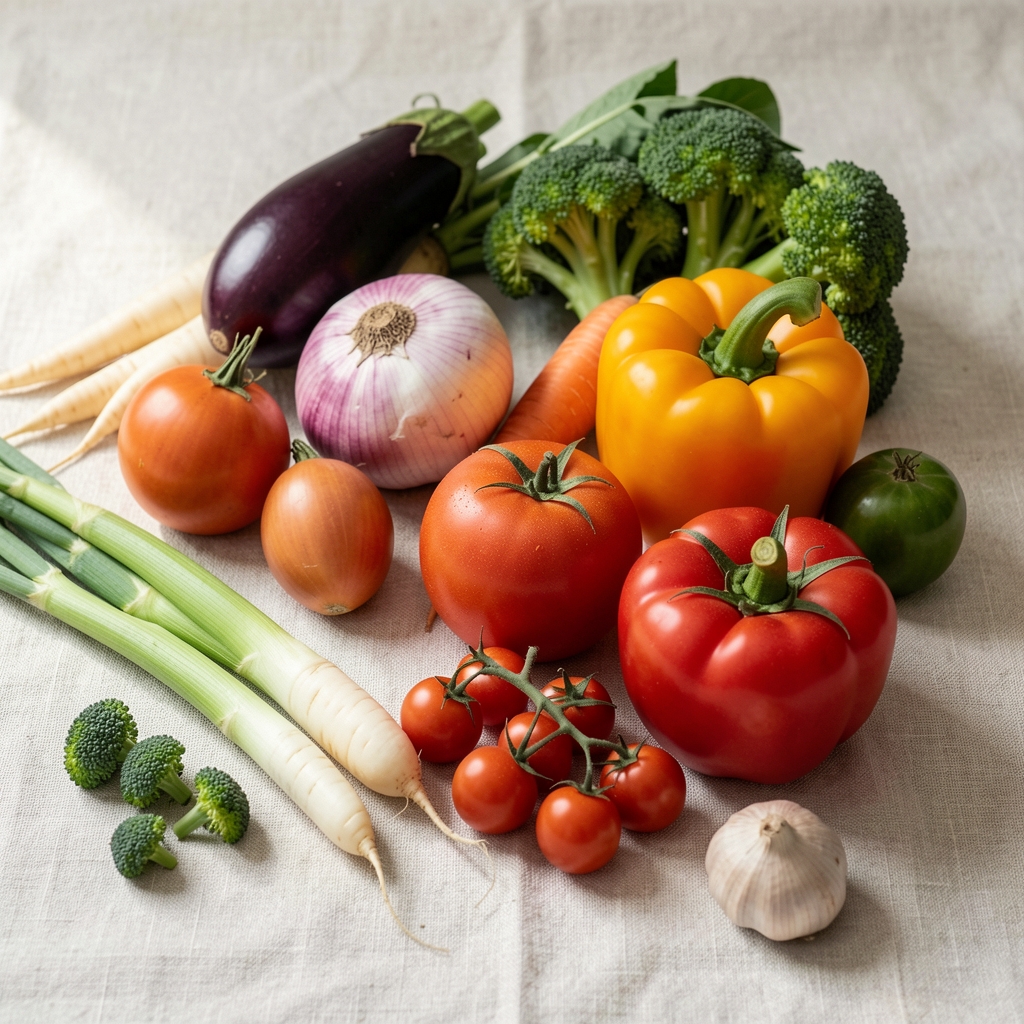Seasonal vegetables and whole foods arranged on a pale wooden surface in soft natural light, editorial composition